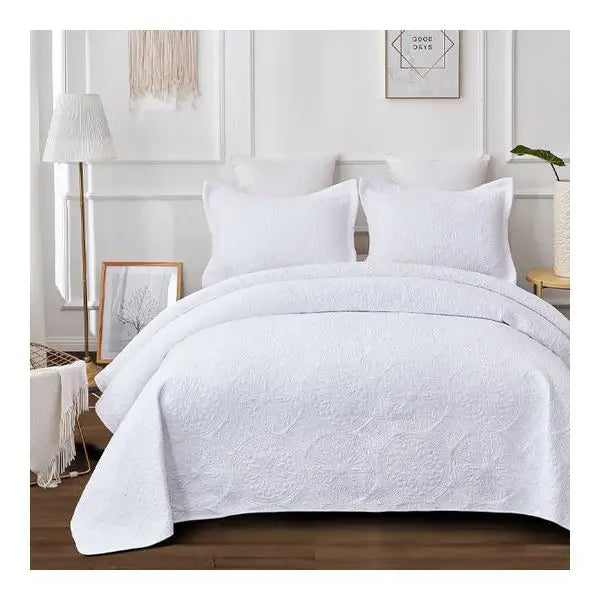 Antique White 100% Cotton Quilted 3 Pcs Bedspread Coverlet Set Super King