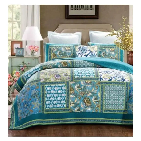 Aquamarine 100% Cotton Quilted 3 Pcs Bedspread Coverlet Set King