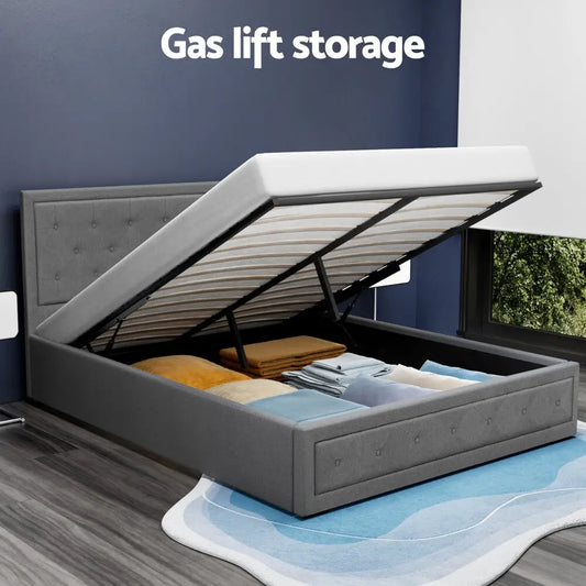 Bed Frame Queen Size Gas Lift Grey Tiyo