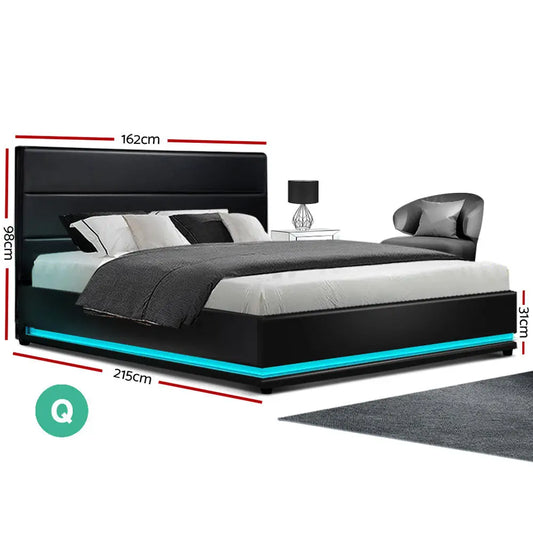 Bed Frame Queen Size Led Gas Lift Black Lumi