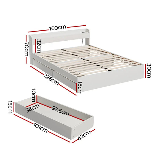 Bed Frame Queen Size Mattress Base Wtih Charging Ports 2 Storage Drawers