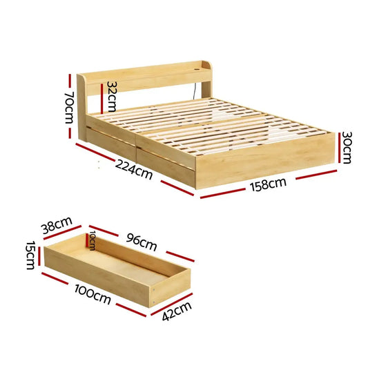 Bed Frame Queen Size with Charging Ports and 2 Drawers Aura