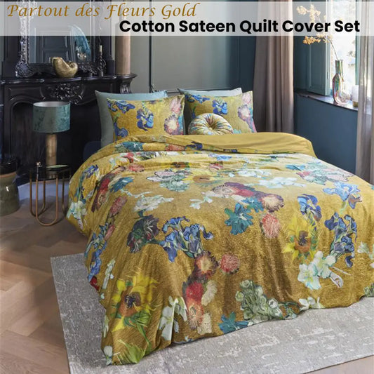 Bedding House Van Gogh Partout Des Fleurs Gold Cotton Sateen Quilt Cover Set Queen