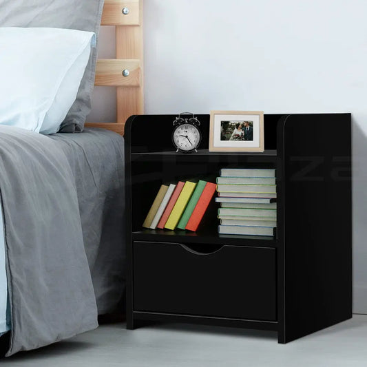 Bedside Table 1 Drawer with Shelf - Fara Black