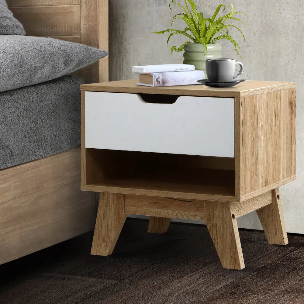 Bedside Table 1 Drawer with Shelf - Iker White & Oak