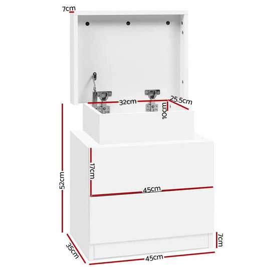 Bedside Table 2 Drawers Lift-up Storage - Coley White