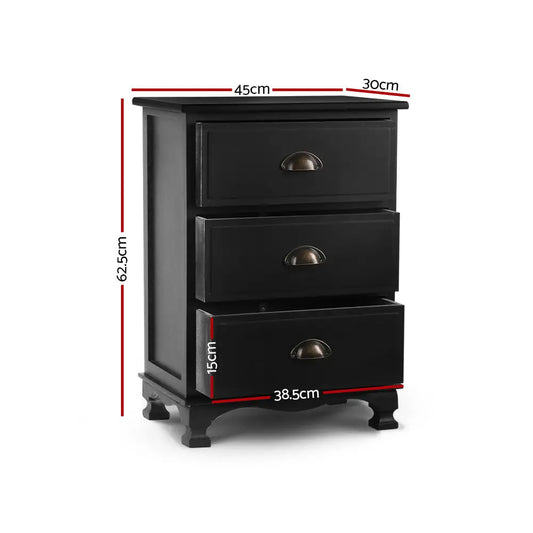 Bedside Table 3 Drawers Vintage - Thyme Black