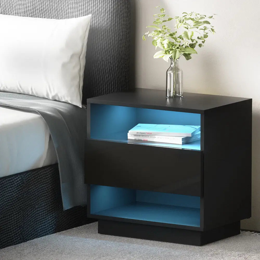 Bedside Table Led with 2 Shelves - Hana Black