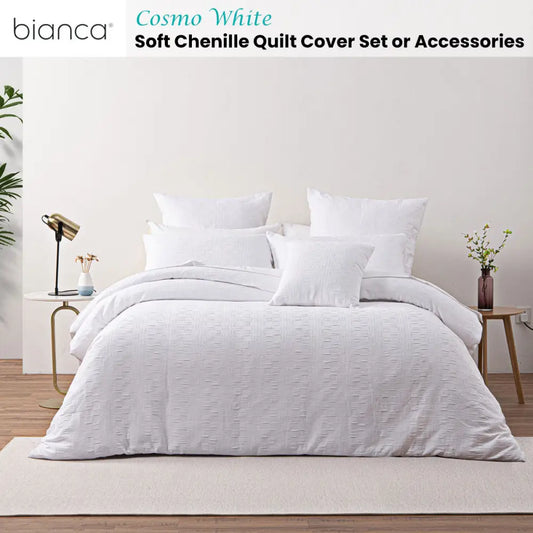Bianca Cosmo White Soft Chenille Geometric Quilt Cover Set Super King