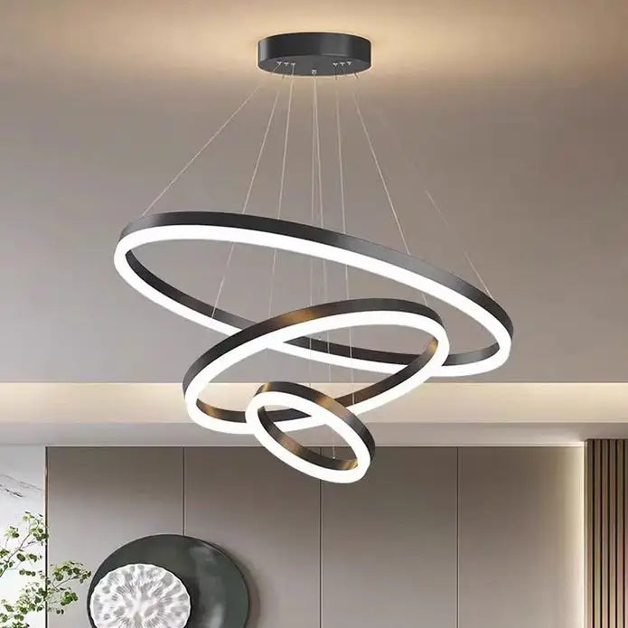 Black 3 Rings Minimalist Led Pendant Light Adjustable Circular Chandelier