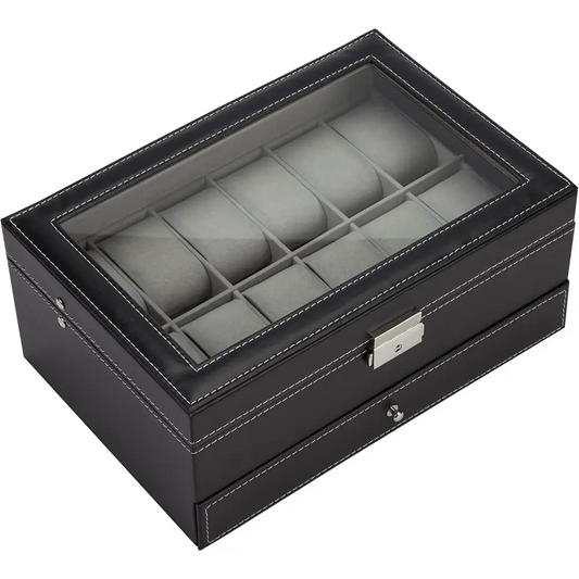 Black Leather Watch Box Jewelry Display Case with Drawers (12 Slots 2 Layers) | Black Leather Watch Storage Box