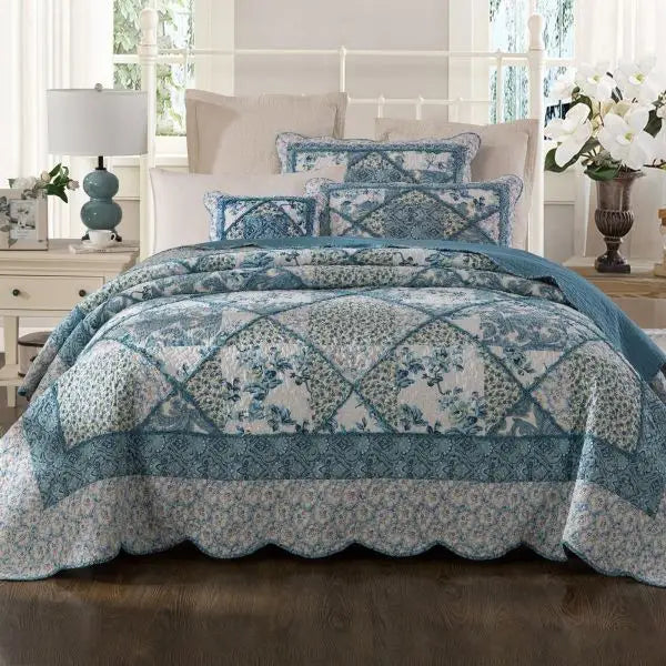 Blue Bouquet Cotton 100% Quilted 3 Pcs Bedspread Coverlet Set King
