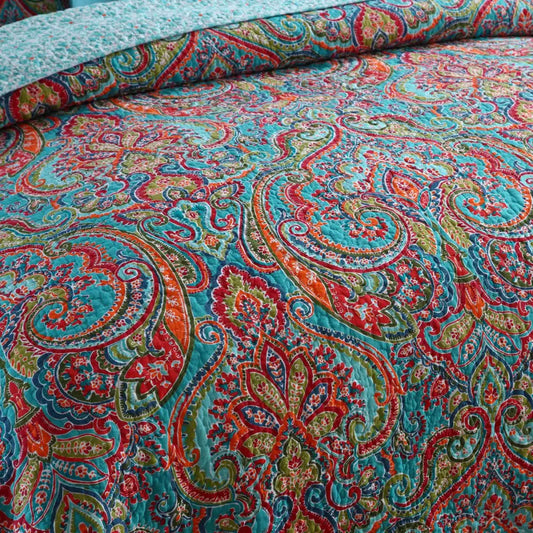 Blue Teal Boho Print Bedspread Quilt Set + Pillowcases Queen