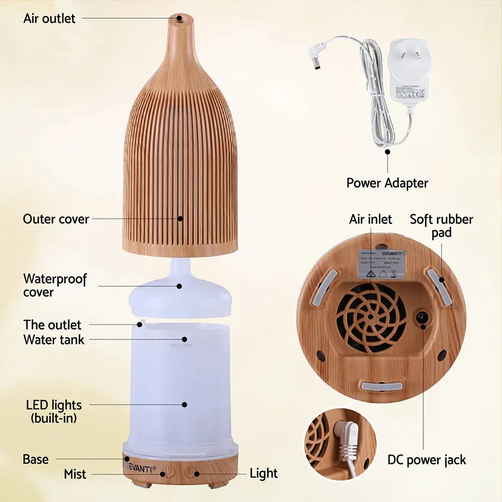 Devanti Ultrasonic Aroma Diffuser Aromatherapy 200ml Led Lights Iron Humidifier Forest Light Wood Grain