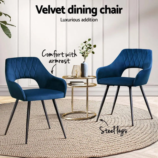 Dining Chairs Set of 4 Velvet Hollow Armchair Blue