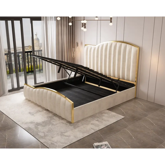 Elegant Luxury King Size Bedframe in Beige with Gas Lift Storage Velvet Fabric Golden Trim