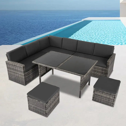 Ella 8-seater Modular Outdoor Garden Lounge and Dining Set with Table Stools in Dark Grey Weave