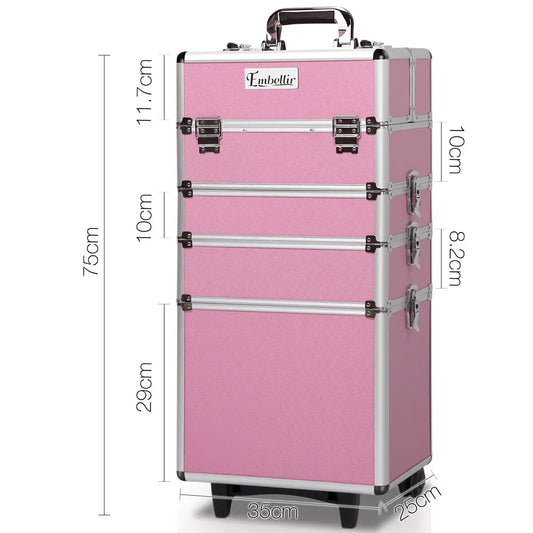 Embellir Makeup Case Beauty Trolley Cosmetic Organiser Box Travel Wheels Pink | Pink Textured Cosmetic Case Silver