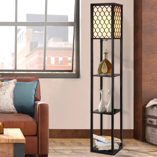 Floor Lamp 3 Tier Shelf Storage Led Light Stand Home Room Pattern Black | Black Metal Floor Lamp Geometric