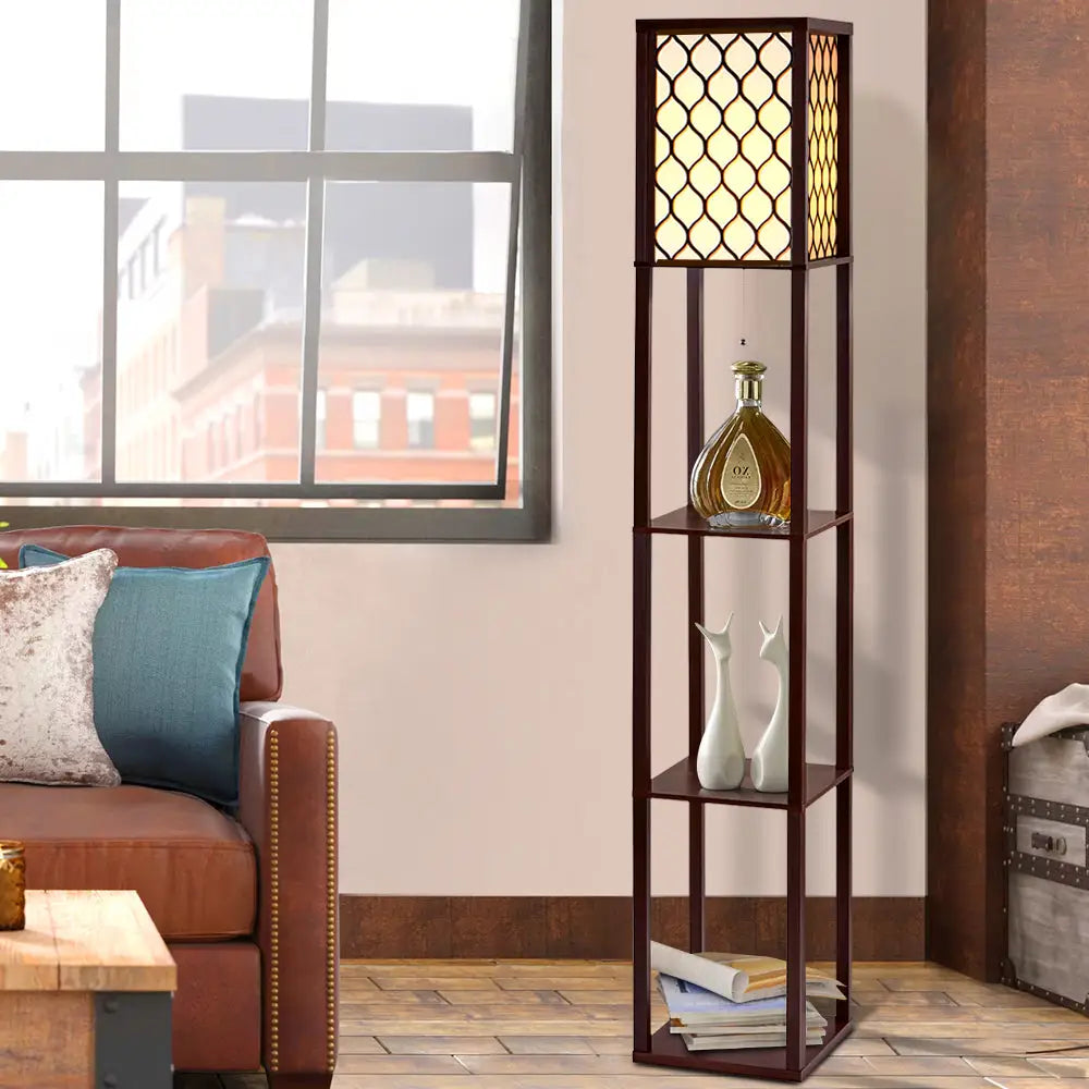Floor Lamp 3 Tier Shelf Storage Led Light Stand Home Room Pattern Brown | Dark Wood Floor Lamp Geometric