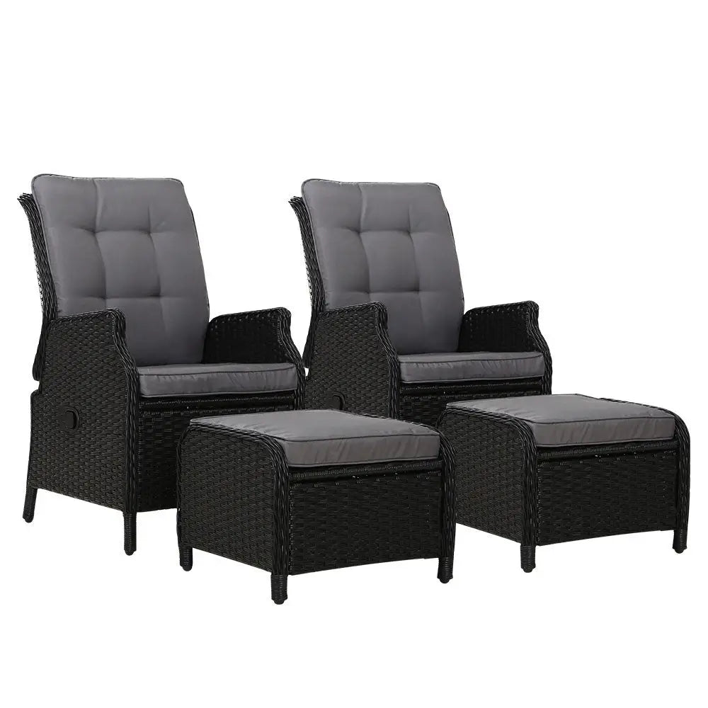 Gardeon 2pc Recliner Chair Sun Lounge Wicker Lounger Outdoor Furniture Adjustable Black