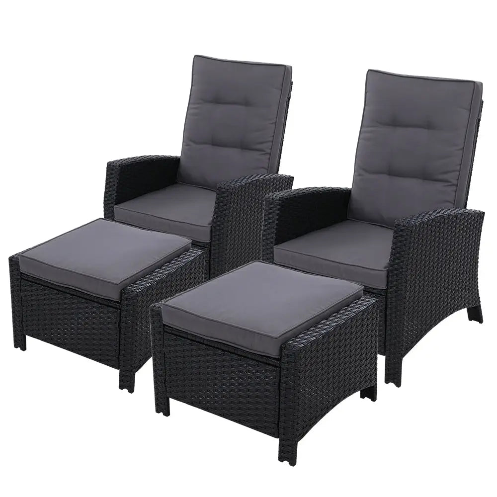 Gardeon 2pc Recliner Chairs Sun Lounge Wicker Lounger Outdoor Furniture Adjustable Black