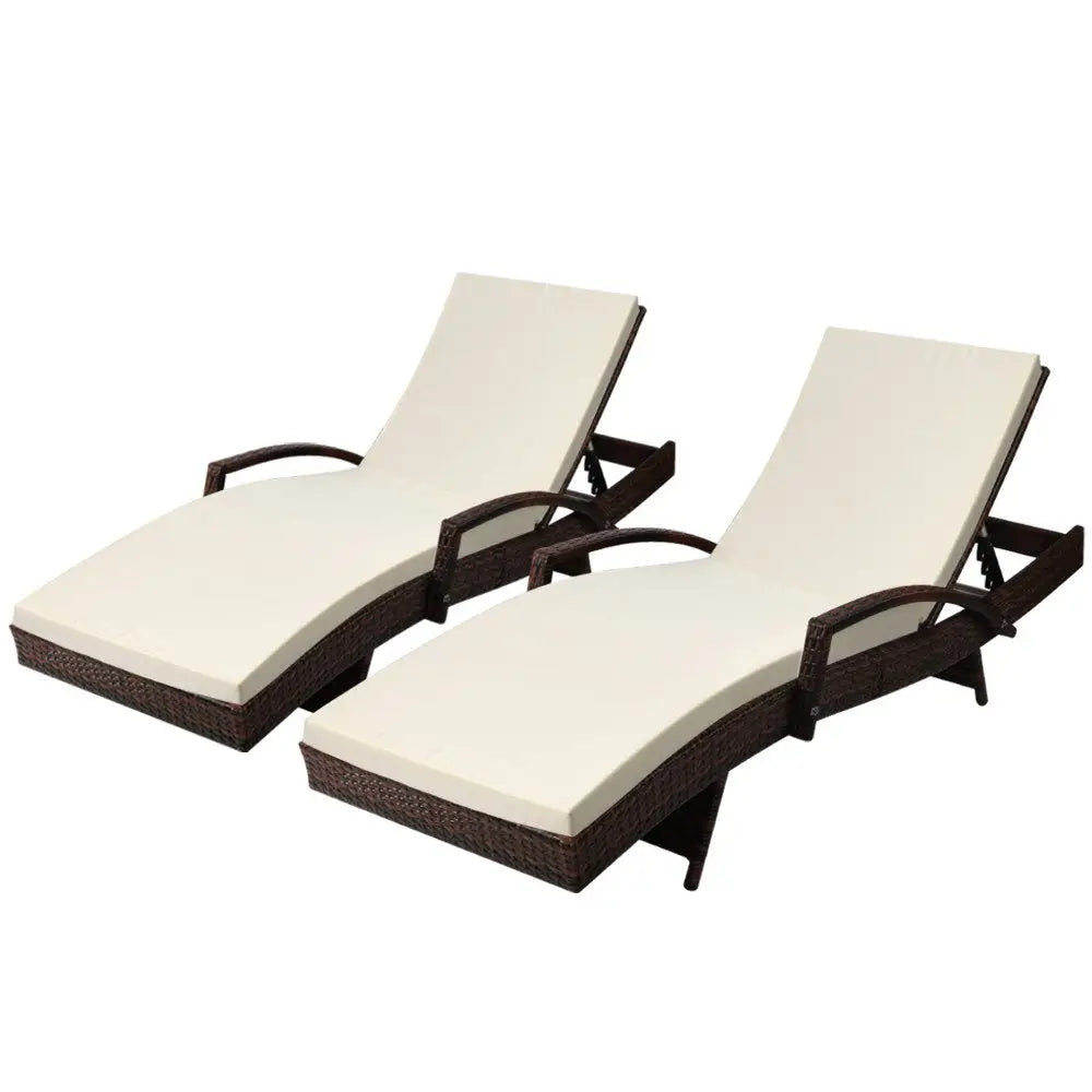 Gardeon 2pc Sun Lounge Wicker Lounger Outdoor Furniture Beach Chair Patio Adjustable Cushion Brown