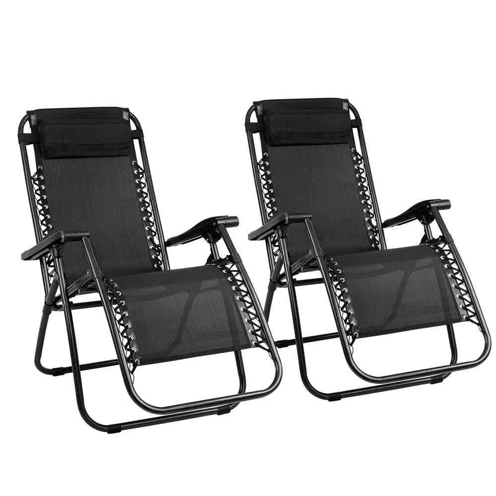 Gardeon 2pc Zero Gravity Chair Folding Outdoor Recliner Adjustable Sun Lounge Camping Black