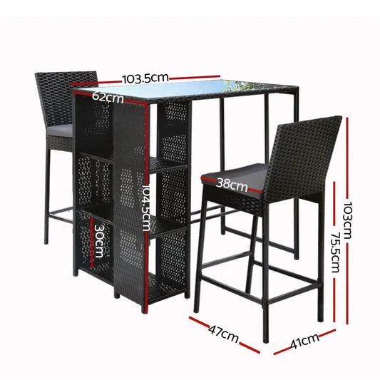 Gardeon 3-piece Outdoor Bar Set Patio Dining Chairs Wicker Table Stools
