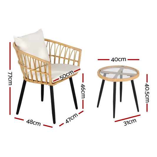 Gardeon 3pc Outdoor Bistro Set Patio Furniture Lounge Setting Table and Chairs Natural