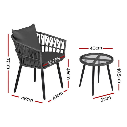 Gardeon 3pc Outdoor Bistro Set Patio Furniture Lounge Setting Table and Chairs Grey