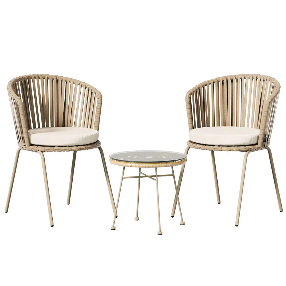 Gardeon 3pc Outdoor Bistro Set Patio Furniture Rope Setting Chairs Table Beige