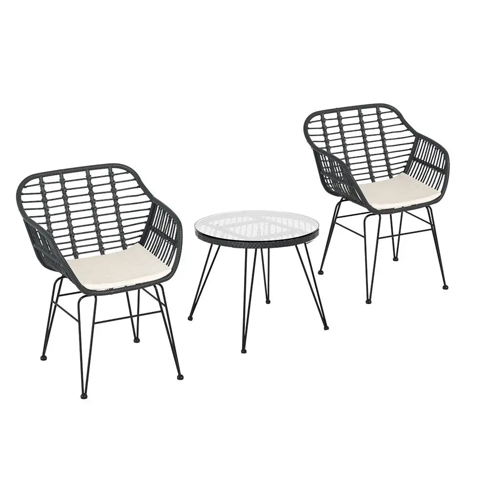 Gardeon 3pc Outdoor Furniture Bistro Set Lounge Setting Table Chairs Cushion Patio Grey