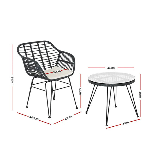 Gardeon 3pc Outdoor Furniture Bistro Set Lounge Setting Table Chairs Cushion Patio Grey