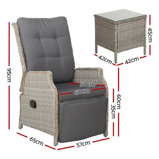 Gardeon 3pc Recliner Chairs Table Sun Lounge Outdoor Furniture Wicker Adjustable Grey