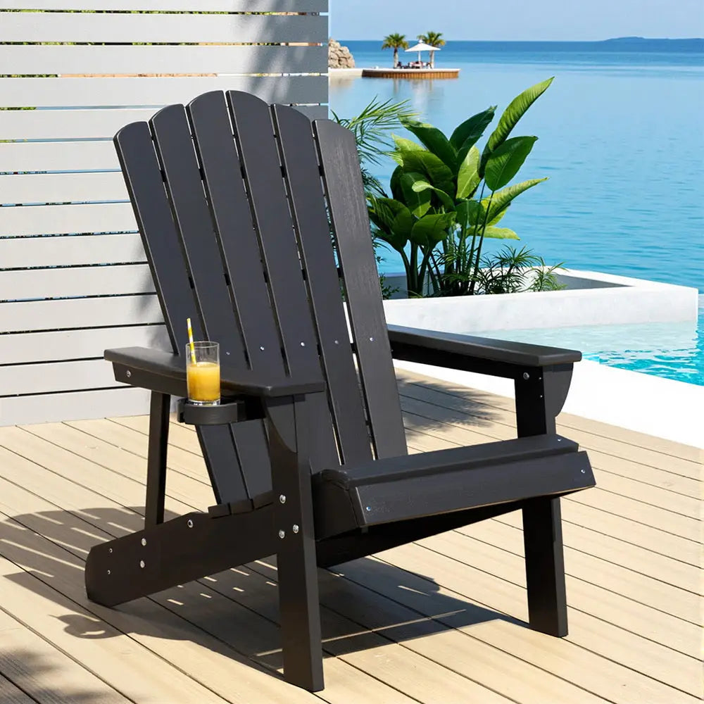 Gardeon Outdoor Chairs Hdpe Adirondack Beach Chair Sun Lounge Patio Furniture Garden Black