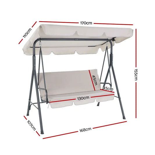 Gardeon Outdoor Swing Chair Garden Bench Furniture Canopy 3 Seater Beige
