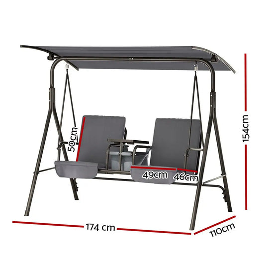 Gardeon Outdoor Swing Chair Garden Canopy Cup Holder 2 Seater Grey