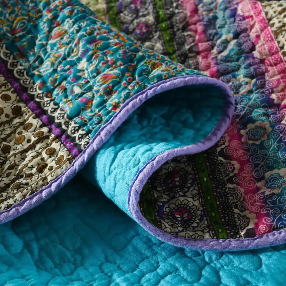 Grenn Teal Boho Style Printed Bedspread Quilt Set + Pillowcases