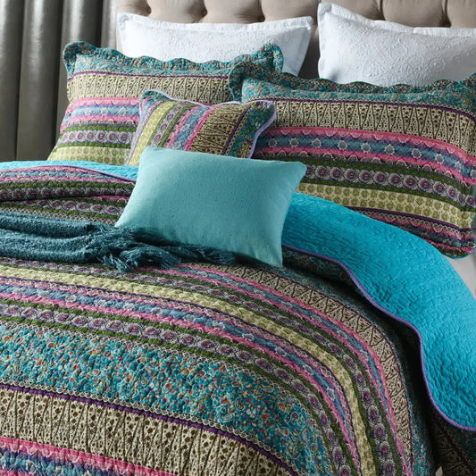 Grenn Teal Boho Style Printed Bedspread Quilt Set + Pillowcases