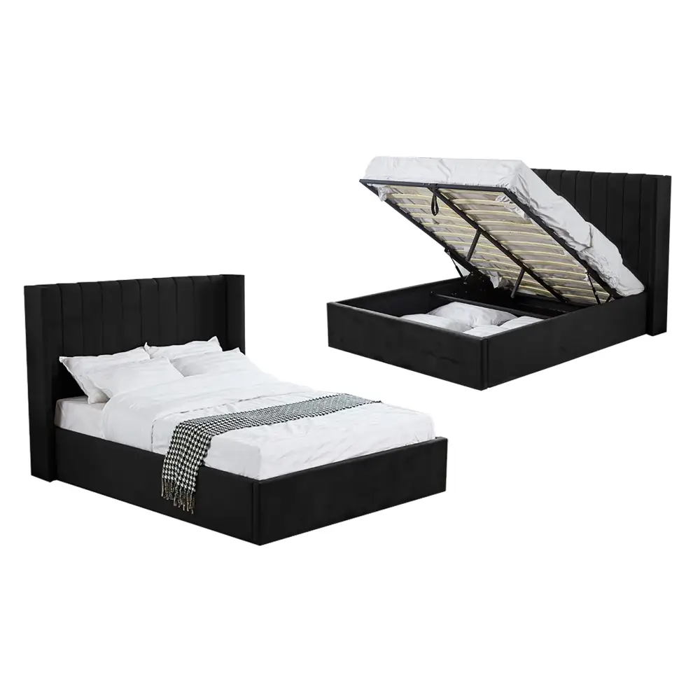 Hilton Black Velvet Gas Lift Bed - Queen