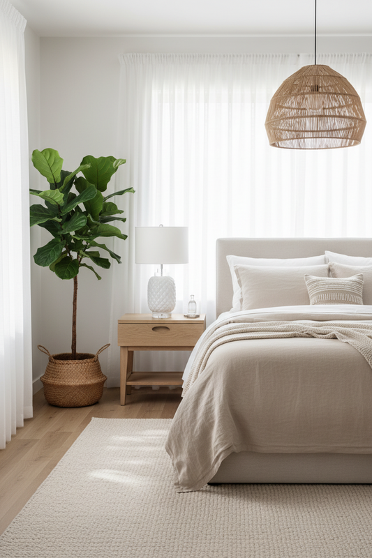 Neatly arranged bedroom with a bed, nightstand, and plant.