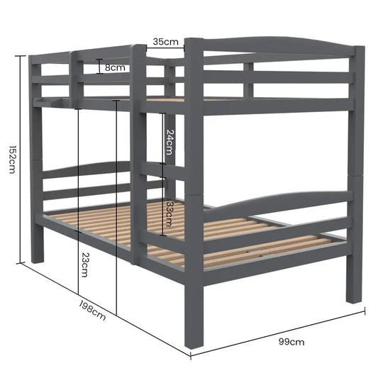 Kingston Slumber Single Bunk Bed Frame Solid Pine 2-in-1 Modular Design Converts to 2 Beds for Kids Grey