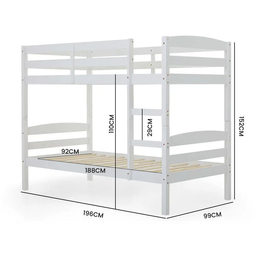 Kingston Slumber Single Bunk Bed Frame Solid Pine 2-in-1 Modular Design White