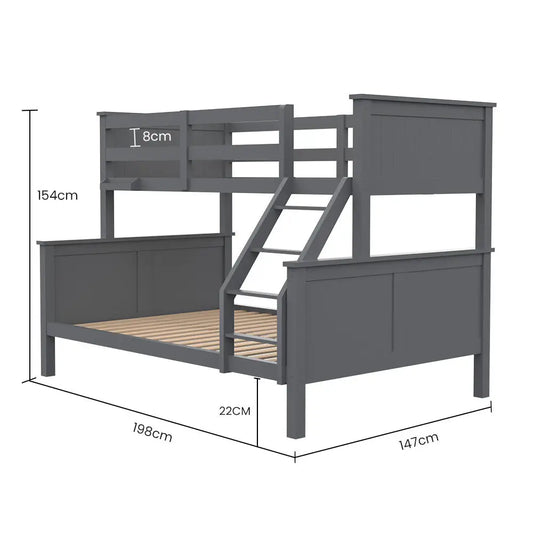 Kingston Slumber Triple Wooden Single Over Double Bunk Bed Frame for Kids Convertible Design Grey