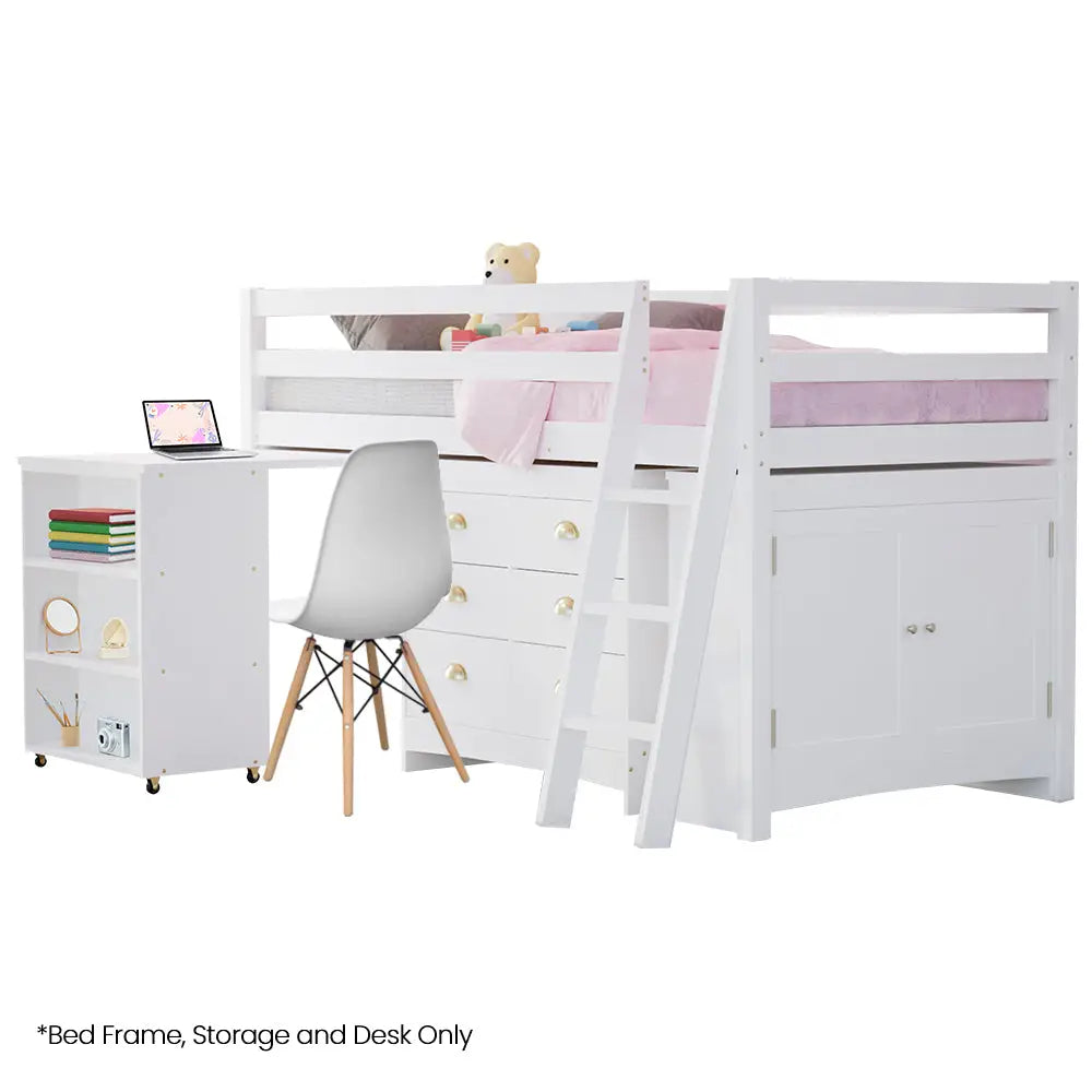Kingston Slumber Wooden Kids Single Loft Bed Frame with Pull out Desk Storage Drawers Cabinet - White