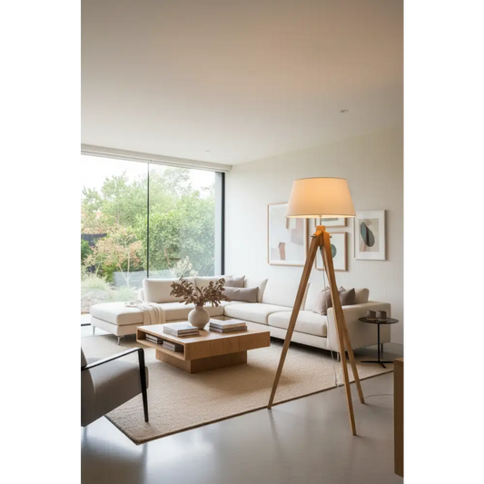 Large Tripod Floor Lamp Linen Shade Modern Bamboo Wooden Retro Twist Light