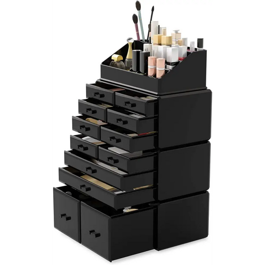 Makeup Cosmetic Organizer Storage with 12 Drawers Display Boxes (black) | Black Glossy Plastic Makeup Organizer