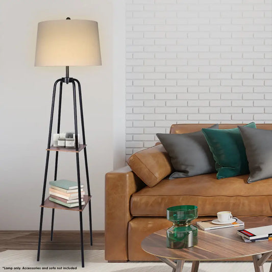 Metal Etagere Floor Lamp Shade Shelf in Wood Finish