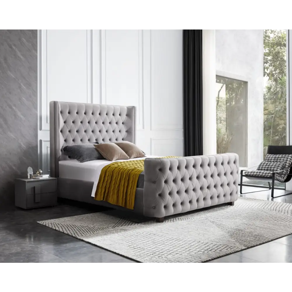 Milan Grey Velvet Tufted Headboard and End Board Bed Frame - Queen